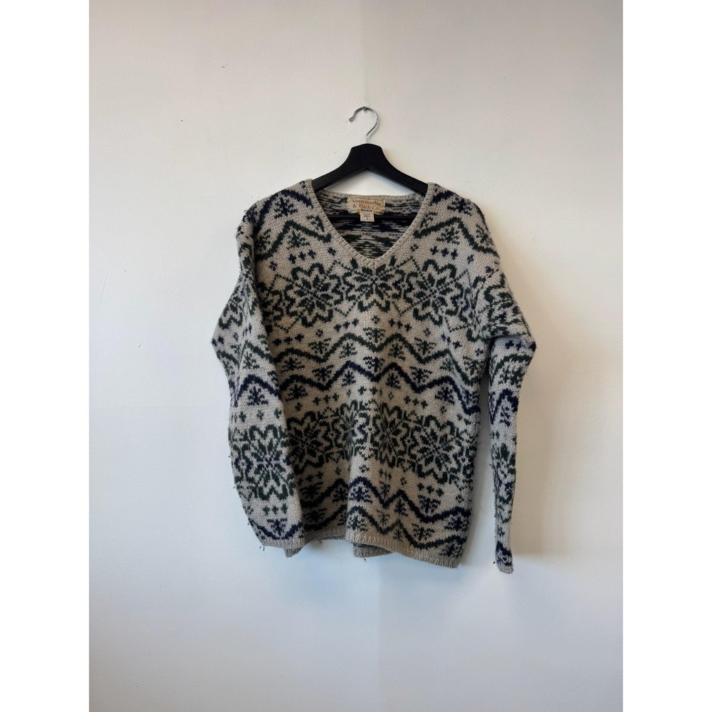 VINTAGE Abercrombie & Fitch Sweater Mens Small Gray Fair‎ Isle Wool V-Neck 90s